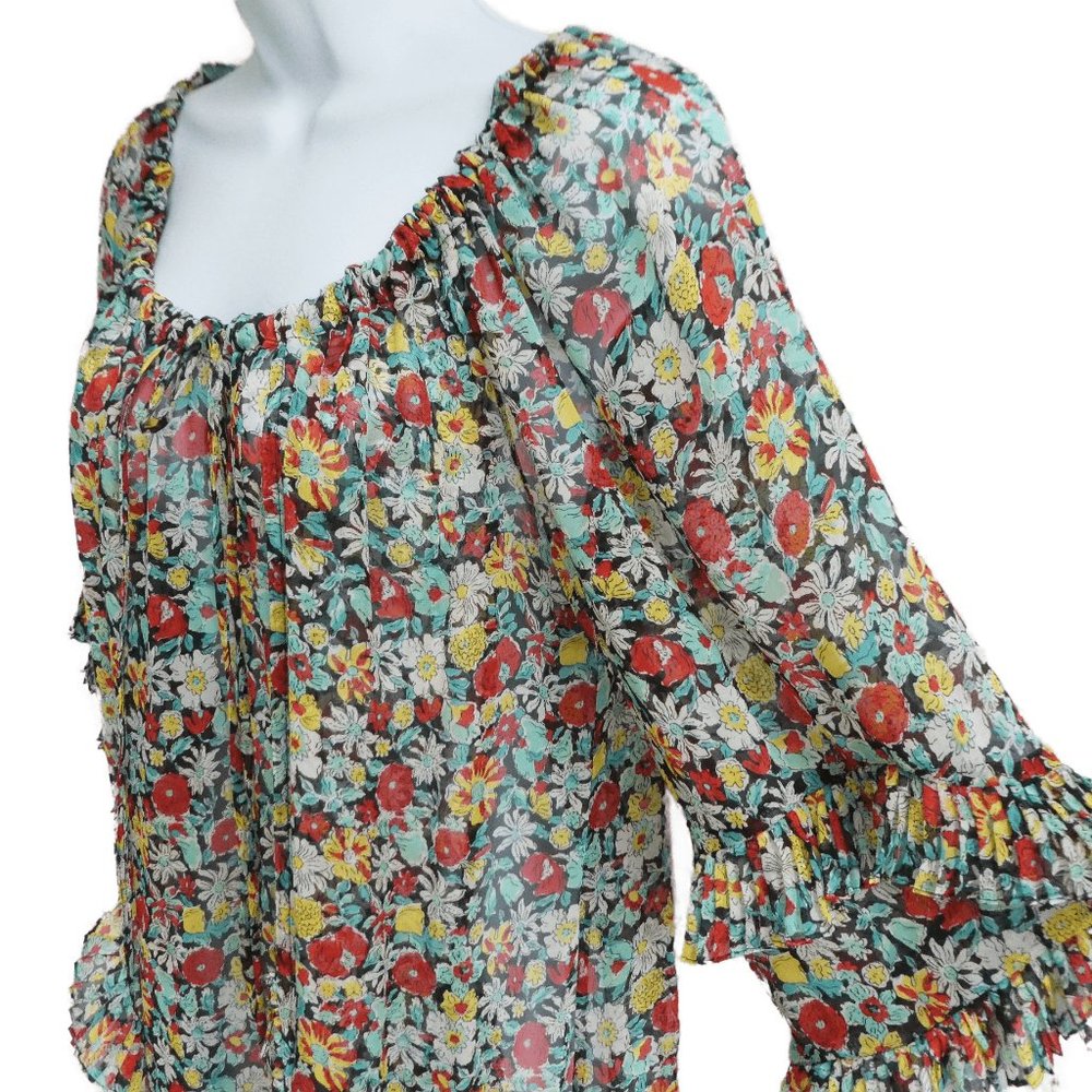 SiLK Ella Moss Smock Ruffle Top Floral Light Gathered Scoop Neck Tunic Sheer M